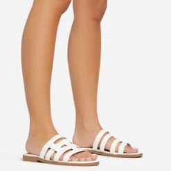 EGO Milli Caged Detail Flat Slider Sandal In White Croc Print Faux Leather