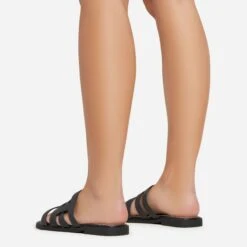 EGO Milli Caged Detail Flat Slider Sandal In Black Croc Print Faux Leather -EGO Sales 06 01 23 fw42343 sb