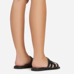 EGO Milli Caged Detail Flat Slider Sandal In Black Croc Print Faux Leather -EGO Sales 06 01 23 fw42344 sb2