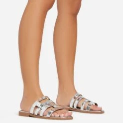 EGO Milli Caged Detail Flat Slider Sandal In Silver Croc Print Faux Leather
