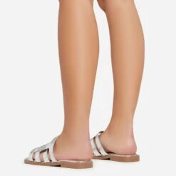 EGO Milli Caged Detail Flat Slider Sandal In Silver Croc Print Faux Leather -EGO Sales 06 01 23 fw42348 sb