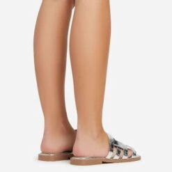 EGO Milli Caged Detail Flat Slider Sandal In Silver Croc Print Faux Leather -EGO Sales 06 01 23 fw42349 sb2