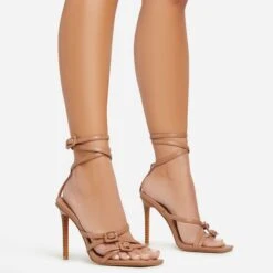 EGO Brady Double Buckle Strap Detail Square Toe Stiletto Heel In Nude Faux Leather