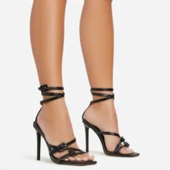 EGO Brady Double Buckle Strap Detail Square Toe Stiletto Heel In Black Faux Leather