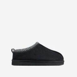 EGO Catch-Up White Aztec Detail Faux Fur Lining Flat Slipper In Black Faux Suede