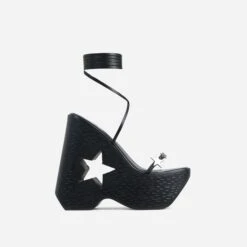 EGO Starry-Eyed Lace Up Star Detail Platform Wedge Heel In Black Faux Leather