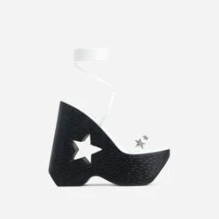 EGO Starry-Eyed Lace Up Star Detail Platform Wedge Heel In White Faux Leather
