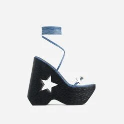 EGO Starry-Eyed Lace Up Star Detail Platform Wedge Heel In Blue Denim Faux Leather