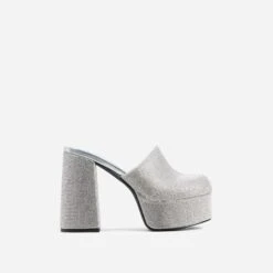 EGO Wilkinson Closed Toe Platform Block Heel Mule In Silver Diamante -EGO Sales 06 01 23 fw42390 sq