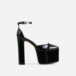 EGO Popped Ankle Strap Square Toe Platform Block Heel In Black Patent -EGO Sales 06 01 23 fw42395 sq