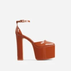 EGO Popped Ankle Strap Square Toe Platform Block Heel In Tan Brown Patent -EGO Sales 06 01 23 fw42396 sq