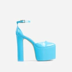 EGO Popped Ankle Strap Square Toe Platform Block Heel In Blue Patent -EGO Sales 06 01 23 fw42397 sq