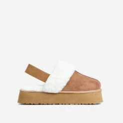 EGO Head-High Faux Fur Trim Sling Back Platform Slipper In Chestnut Brown Faux Suede -EGO Sales 06 01 23 fw42411 sq