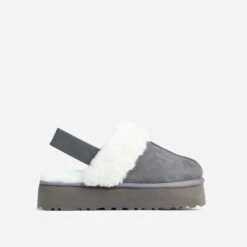 EGO Head-High Faux Fur Trim Sling Back Platform Slipper In Grey Faux Suede -EGO Sales 06 01 23 fw42412 sq