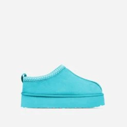 EGO Tazmin Aztec Detail Faux Fur Lining Platform Slipper In Blue Faux Suede