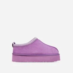 EGO Tazmin Aztec Detail Faux Fur Lining Platform Slipper In Purple Faux Suede