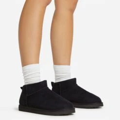 EGO Ultra Mini Ankle Length Faux Fur Lining Boots In Black Faux Suede