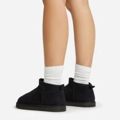 EGO Ultra Mini Ankle Length Faux Fur Lining Boots In Black Faux Suede -EGO Sales 06 01 23 fw45884 sq