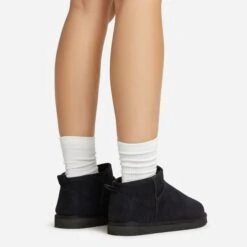 EGO Ultra Mini Ankle Length Faux Fur Lining Boots In Black Faux Suede -EGO Sales 06 01 23 fw45885 sq