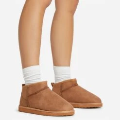 EGO Ultra Mini Ankle Length Faux Fur Lining Boots In Chestnut Brown Faux Suede