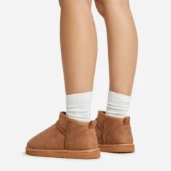 EGO Ultra Mini Ankle Length Faux Fur Lining Boots In Chestnut Brown Faux Suede -EGO Sales 06 01 23 fw45889 sq