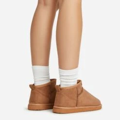 EGO Ultra Mini Ankle Length Faux Fur Lining Boots In Chestnut Brown Faux Suede -EGO Sales 06 01 23 fw45890 sq