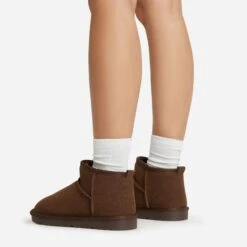 EGO Ultra Mini Ankle Length Faux Fur Lining Boots In Dark Brown Faux Suede -EGO Sales 06 01 23 fw45924 sq