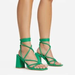 EGO Ballerine Knotted Strappy Detail Lace Up Square Toe Block Heel In Green Faux Leather
