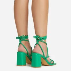 EGO Ballerine Knotted Strappy Detail Lace Up Square Toe Block Heel In Green Faux Leather -EGO Sales 06 01 23 fw45988 sq