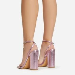 EGO Compass Ankle Strap Pointed Toe Block Heel In Pink Metallic Faux Leather -EGO Sales 06 01 23 fw46034 sq