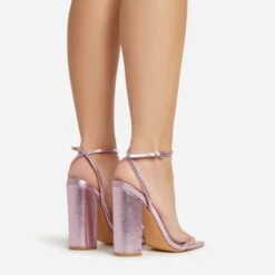 EGO Compass Ankle Strap Pointed Toe Block Heel In Pink Metallic Faux Leather -EGO Sales 06 01 23 fw46035 sq