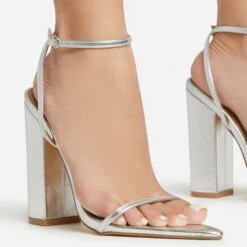 EGO Compass Ankle Strap Pointed Toe Block Heel In Silver Metallic Faux Leather -EGO Sales 06 01 23 fw46038 sq