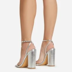EGO Compass Ankle Strap Pointed Toe Block Heel In Silver Metallic Faux Leather -EGO Sales 06 01 23 fw46039 sq