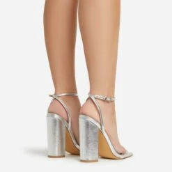 EGO Compass Ankle Strap Pointed Toe Block Heel In Silver Metallic Faux Leather -EGO Sales 06 01 23 fw46040 sq