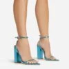 EGO Compass Ankle Strap Pointed Toe Block Heel In Blue Metallic Faux Leather -EGO Sales 06 01 23 fw46042 sq