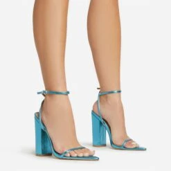 EGO Compass Ankle Strap Pointed Toe Block Heel In Blue Metallic Faux Leather