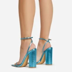 EGO Compass Ankle Strap Pointed Toe Block Heel In Blue Metallic Faux Leather -EGO Sales 06 01 23 fw46044 sq