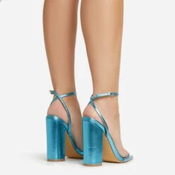 EGO Compass Ankle Strap Pointed Toe Block Heel In Blue Metallic Faux Leather -EGO Sales 06 01 23 fw46045 sq
