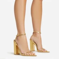 EGO Compass Ankle Strap Pointed Toe Block Heel In Gold Metallic Faux Leather