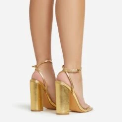 EGO Compass Ankle Strap Pointed Toe Block Heel In Gold Metallic Faux Leather -EGO Sales 06 01 23 fw46050 sq