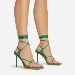 EGO Spider Lace Up Knotted Strap Detail Square Toe Thin Stiletto Heel In Green Faux Leather