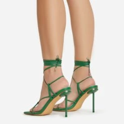 EGO Spider Lace Up Knotted Strap Detail Square Toe Thin Stiletto Heel In Green Faux Leather -EGO Sales 06 01 23 fw46054 sb