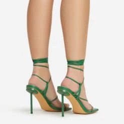 EGO Spider Lace Up Knotted Strap Detail Square Toe Thin Stiletto Heel In Green Faux Leather -EGO Sales 06 01 23 fw46055 sb2