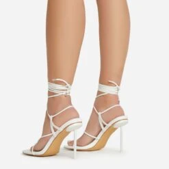 EGO Spider Lace Up Knotted Strap Detail Square Toe Thin Stiletto Heel In White Faux Leather -EGO Sales 06 01 23 fw46059 sb
