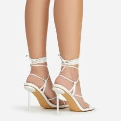EGO Spider Lace Up Knotted Strap Detail Square Toe Thin Stiletto Heel In White Faux Leather -EGO Sales 06 01 23 fw46060 sb2