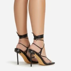 EGO Spider Lace Up Knotted Strap Detail Square Toe Thin Stiletto Heel In Black Faux Leather -EGO Sales 06 01 23 fw46065 sb2