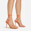 EGO Spider Lace Up Knotted Strap Detail Square Toe Thin Stiletto Heel In Orange Faux Leather -EGO Sales 06 01 23 fw46067 s