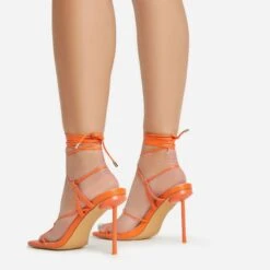 EGO Spider Lace Up Knotted Strap Detail Square Toe Thin Stiletto Heel In Orange Faux Leather -EGO Sales 06 01 23 fw46069 sb2