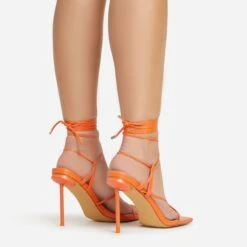 EGO Spider Lace Up Knotted Strap Detail Square Toe Thin Stiletto Heel In Orange Faux Leather -EGO Sales 06 01 23 fw46070 sb