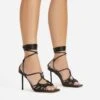 EGO Tour Lace Up Knotted Strap Cage Detail Square Toe Thin Stiletto Heel In Black Faux Leather